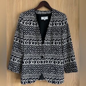 Vintage Valentino Miss V Grecian Navy Blue and White Print Single Button Blazer